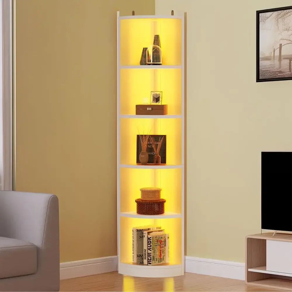 5-Tier Modern Corner Bookcase with LED Light Freestanding Wooden Open Storage Shelves 70.9