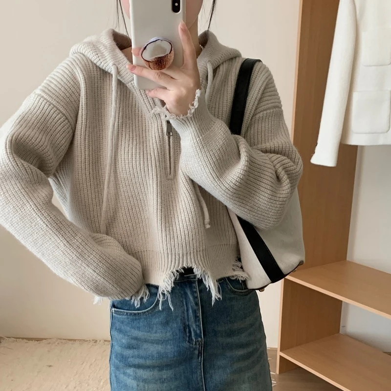 Y2K Half Zipper Hooded Pullovers Women Vintage Hand Frayed Sweater Pullovers Spring Autumn Harajuku Loose Cropped Hoodies Woman