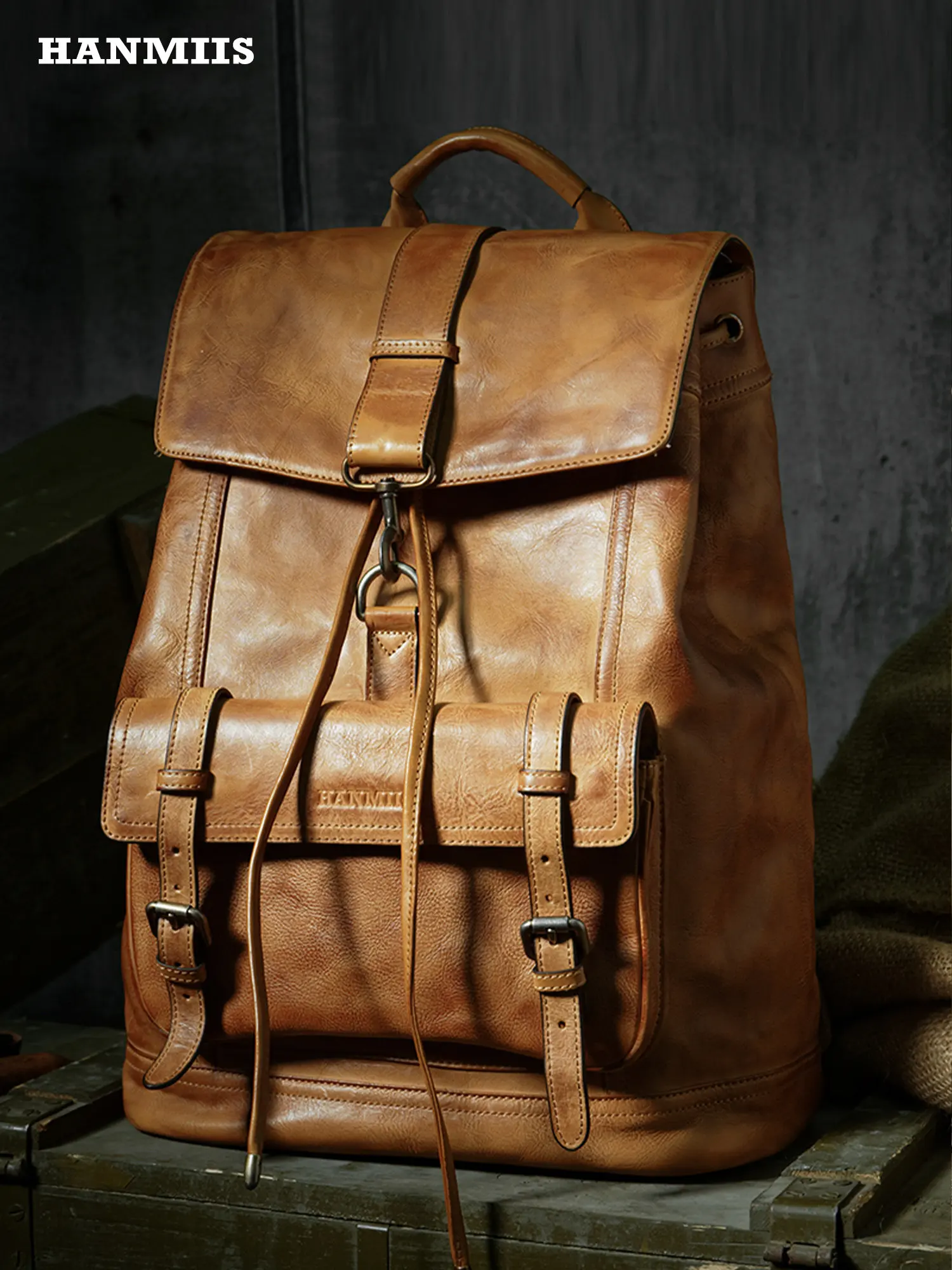 HANMIIS Genuine Leather Large-Capacity Backpack & Travel Bag – Premium Full-Grain Cowhide Business Laptop Rucksack & Weekender D