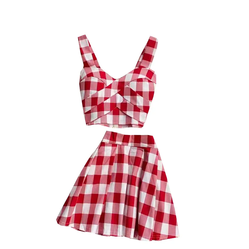 섹시한 백리스 플래드 베스트 스트랩 크롭탑 투피스 세트와 플리츠 미니스커트 나이트클럽 여성 여름 신상 패션 세트