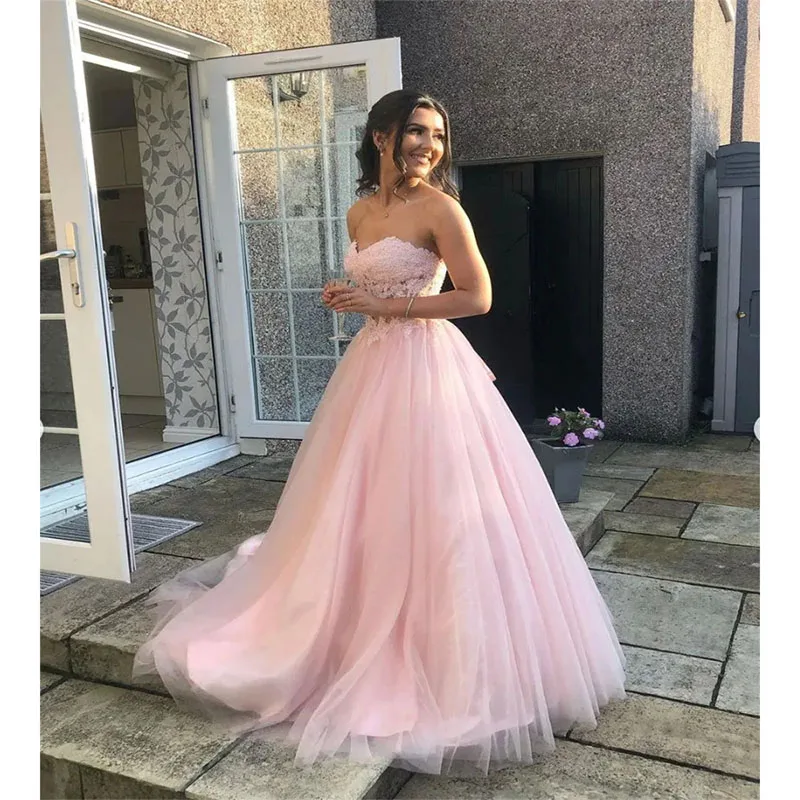 

Classy Pink Evening Dress A-Line Tulle Lace Sweetheart Long Prom Dresses 2024 Corset Floor-Length Women Pageant Formal Party