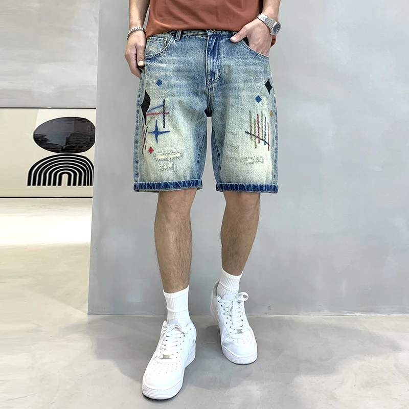 Embroidered hole & patch denim shorts men2024summer new street fashion Korean style personalized retro cropped pants