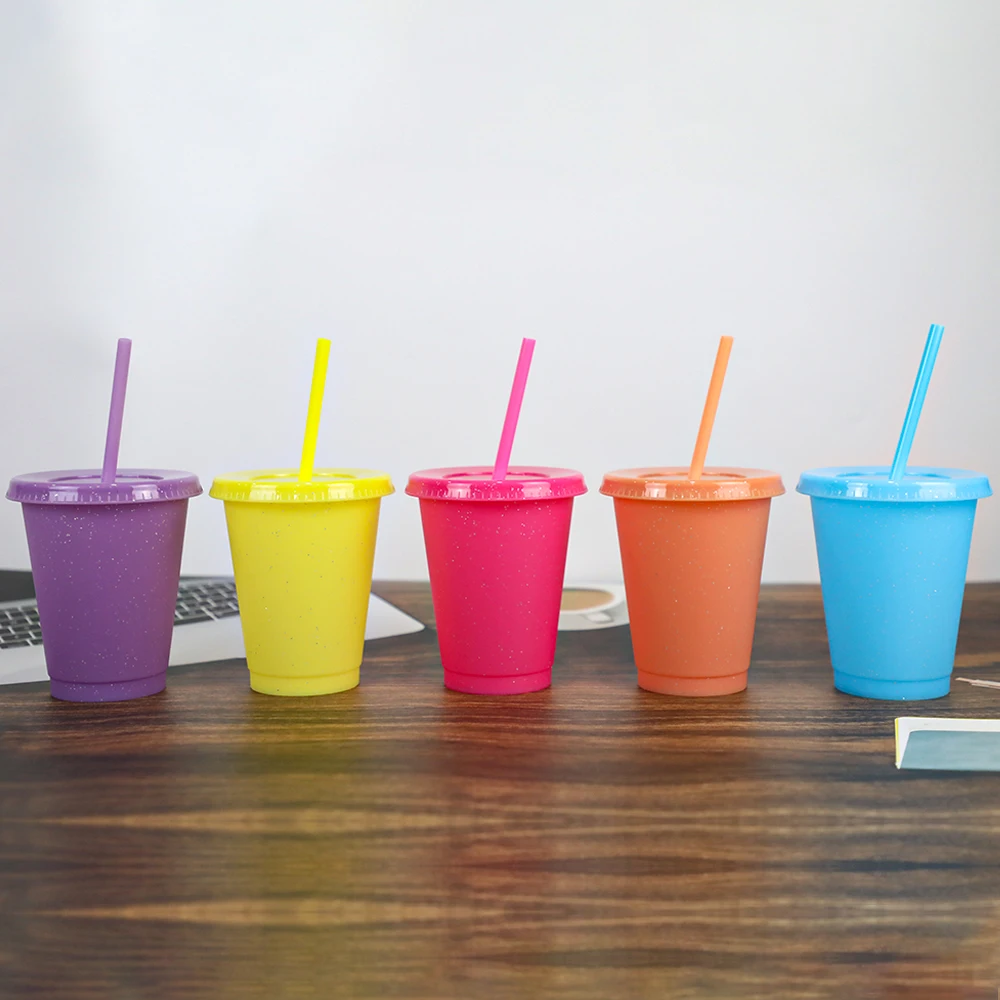 reusable 473ml 480ml 500ml 16oz plastic glitter cup glitter tumbler with lid and straw