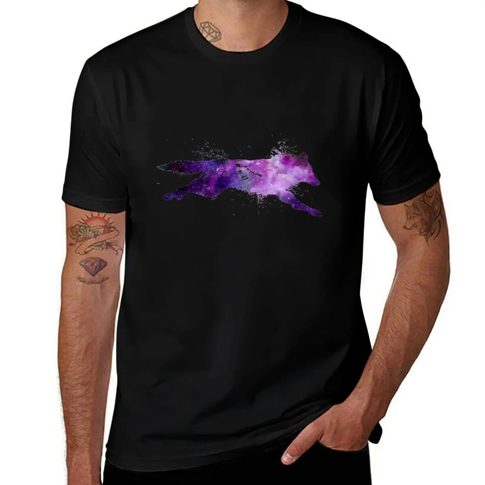 Vintage Wolf Running Galaxy Splatter T-Shirt man t shirts for men casual T-Shirt