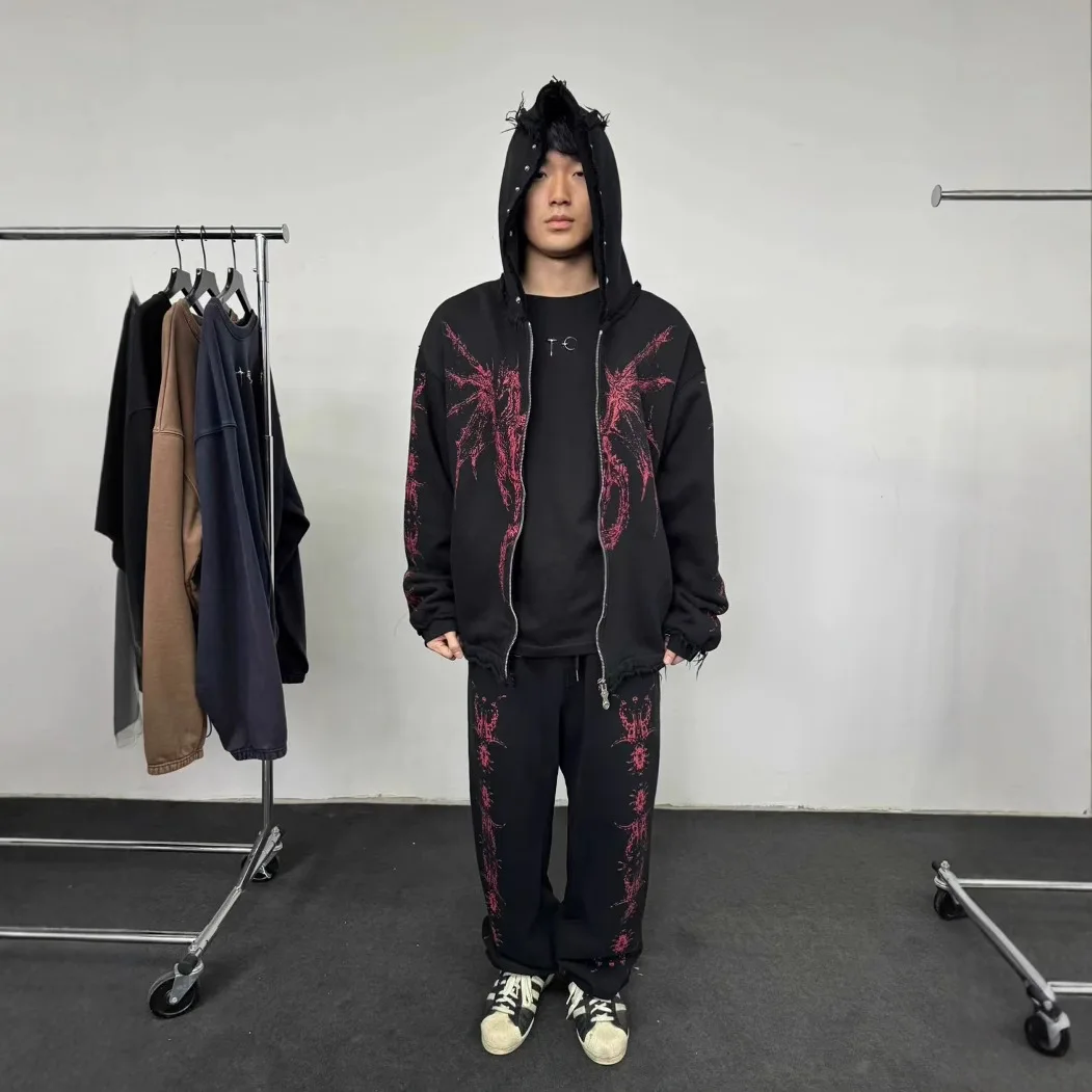 THUG CLUB Sudadera con capucha y cremallera de manga larga, estilo holgado, con estampado de hueso de dragón y detalles de remaches, efecto desgastado, para jóvenes, moda casual