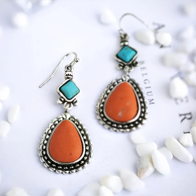 2024 New Retro Silver Droplet Turquoise Earrings Long Women's High End Personalized Dropping  Headpiece