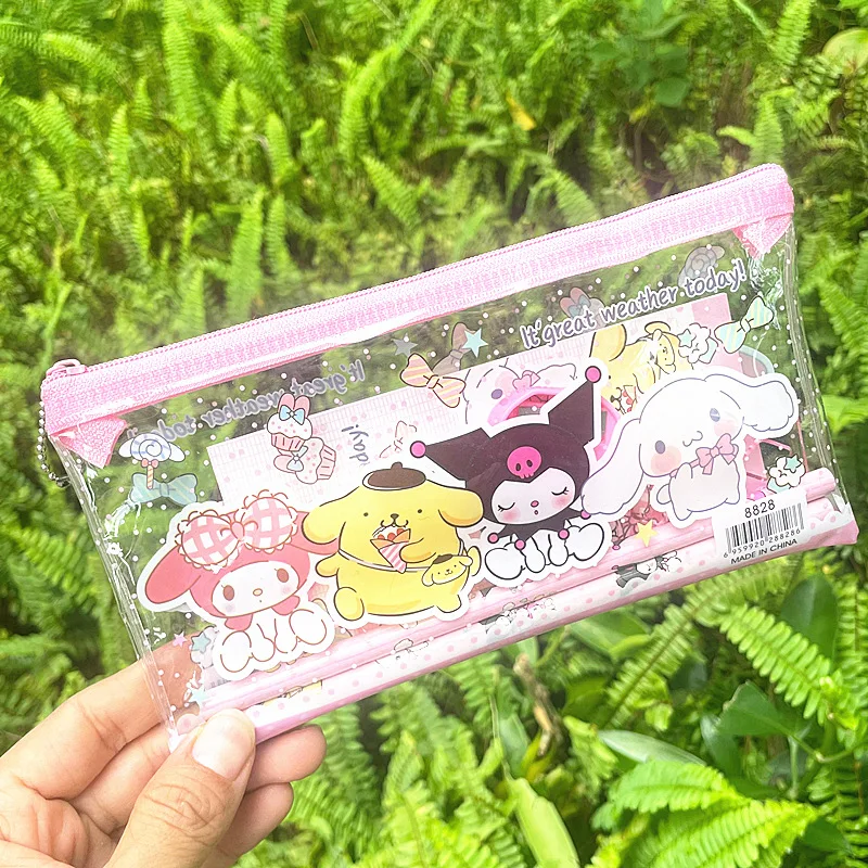 6pcs/set Anime Sanrio Melody Kuromi Stationery Set Cinnamoroll Student Cartoon Pencil Eraser Ruler Pen Bag Storage Set School