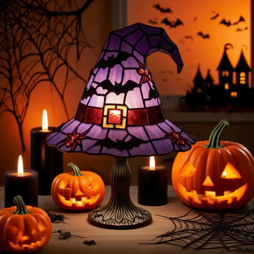 Charming Witch Hat Light Hat Led Night Light Table Lamp Set for Indoor Halloween Decor Handcrafted Stained Resin for Haunted