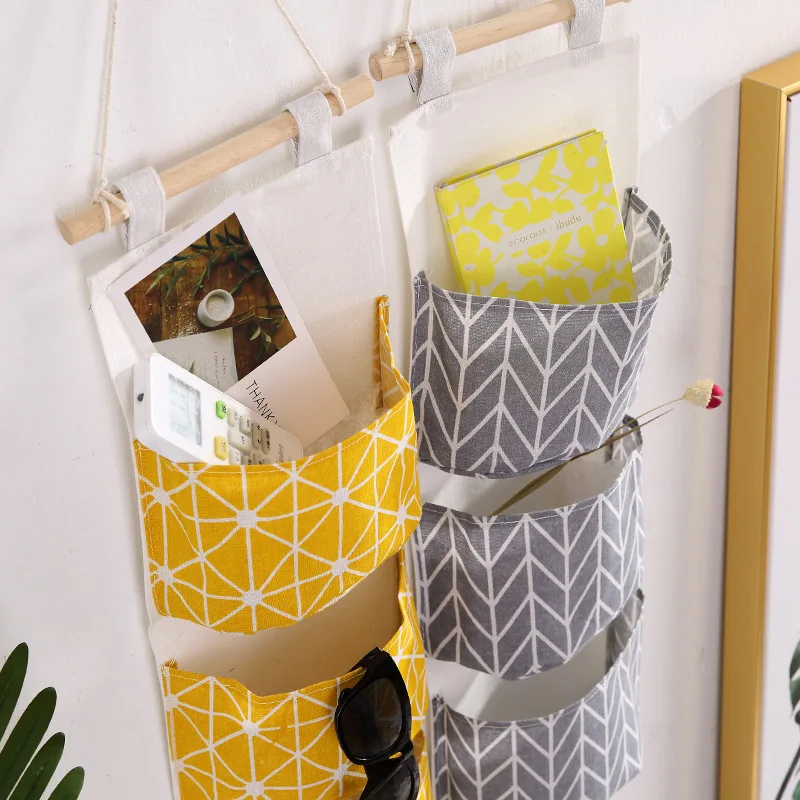 Cotton and linen waterproof storage hanging bag 3 layers hanging pockets cloth sundry cosmetic storage bag storage bag