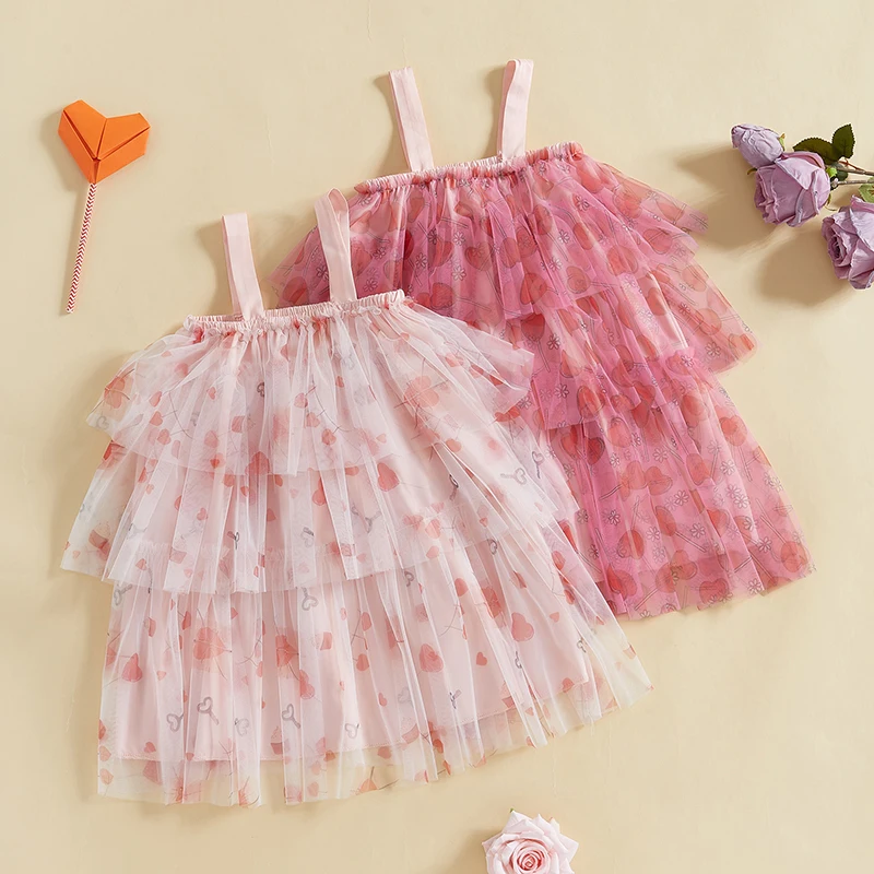 Kids Girls Sling Valentine's Day Heart Print Tulle Layered Ruffle Sleeveless Casual Cake Dress Toddler Princess Party Dresses