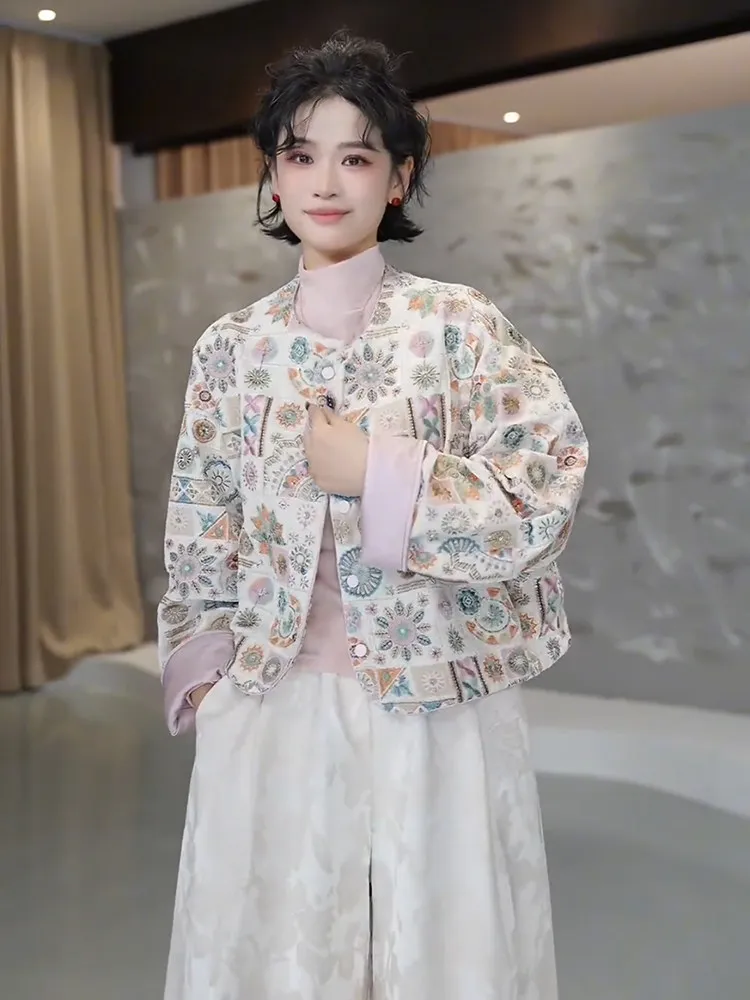 

Spring 2026 New Chinese Style Embroidered Geometric Floral round Neck Slimming Jacket Women's Elegant Ageless Top Trendy