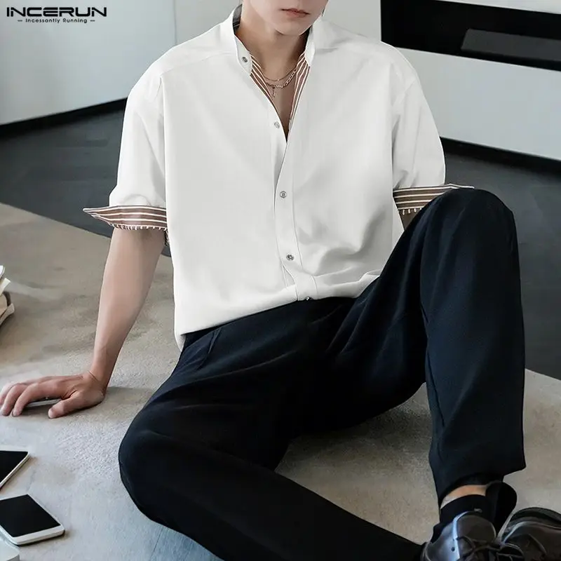 

INCERUN Мужская рубашка в стиле пэчворк с лацканами и короткими рукавами, свободные топы, уличная одежда в корейском стиле, мужская одежда, 2025 г., модные повседневные мужские рубашки