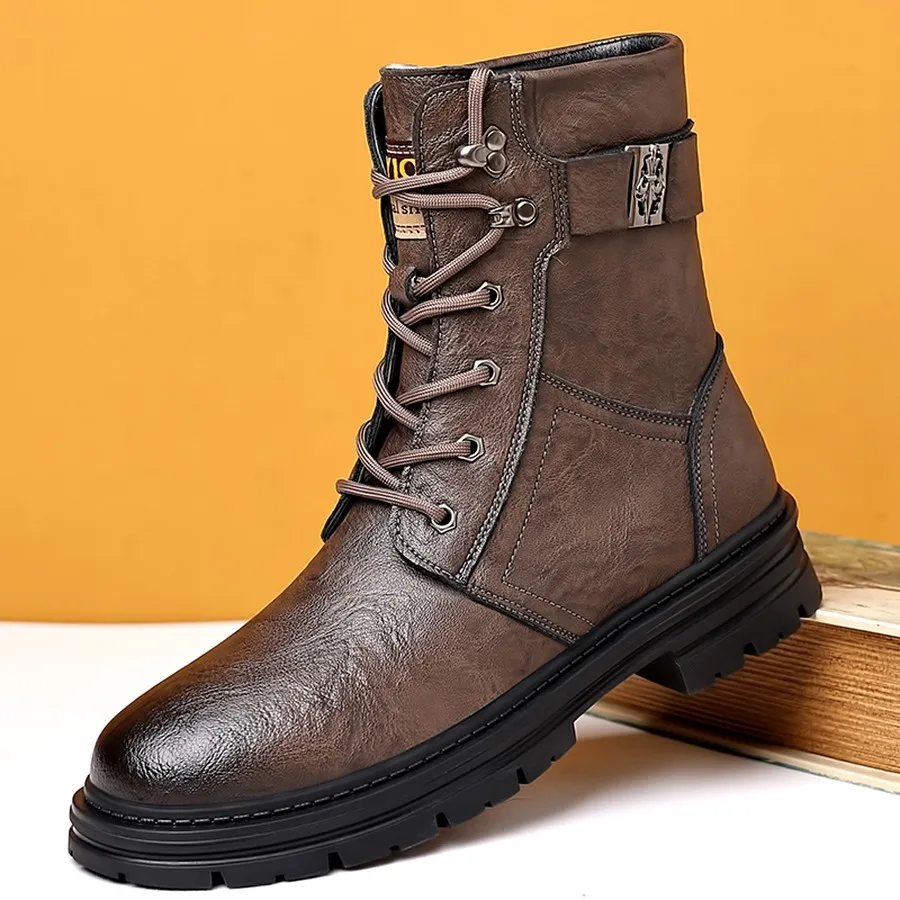 Herren-Winterstiefeletten, Schnürstiefel mit hohem Schaft und verstellbarer Schnalle, strapazierfähige Sohle für Wanderungen und Freizeitkleidung. – Detail 2