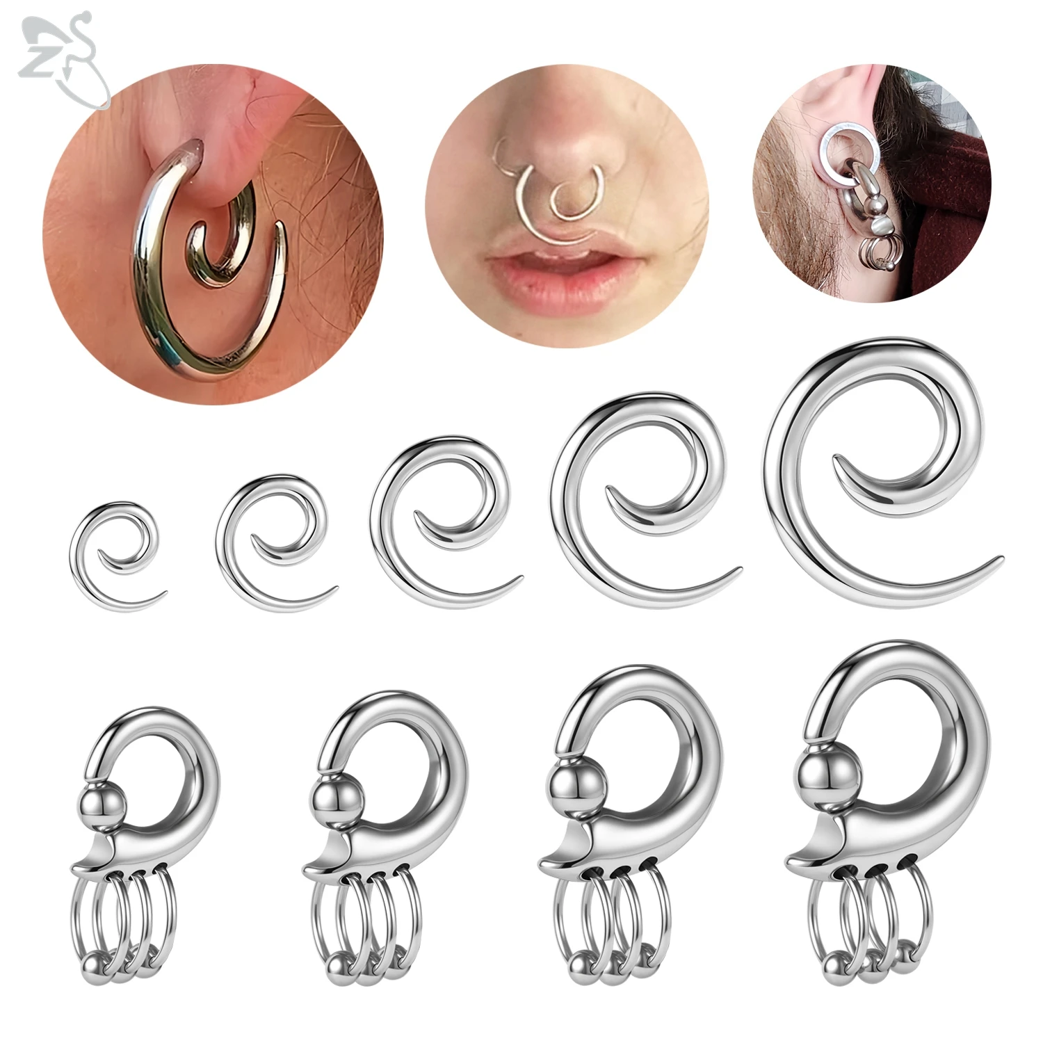 ZS 1 Piece 2.5-6MM Stainless Steel Snail Shape Ear Plug Tunnel Silver Color Punk Flesh Expansion Stretcher Nose Piercing Jewelry