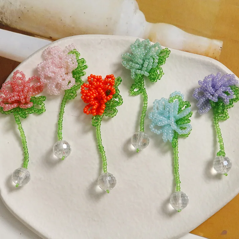 2pcs Primitive Girl Crystal Ball Pendant Flower DIY Handmade Weaving Beaded Hair Clips Hair Accessories Earrings chams