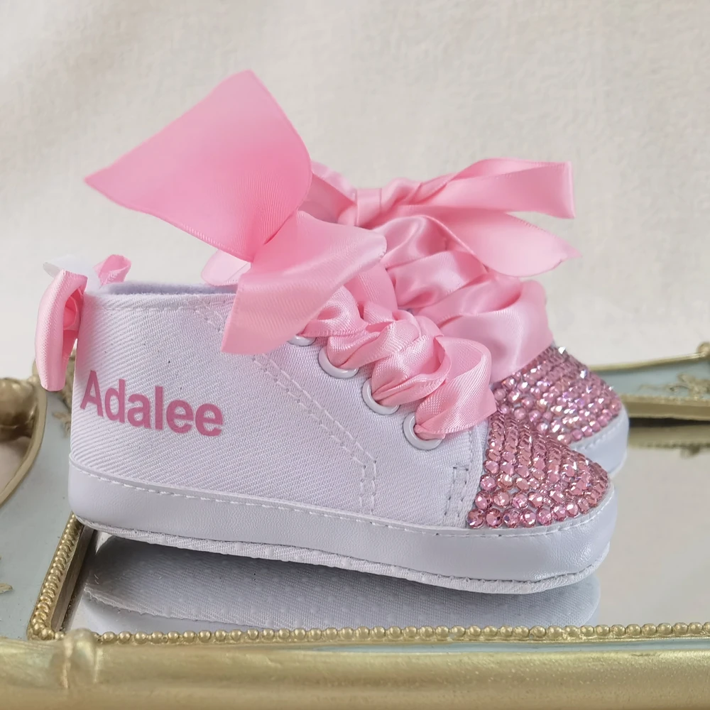 Pink Personalized Name Baby Shoes Boy Girl First Walking Nursery Deco Glitter Customized Baby Shower Sneakers