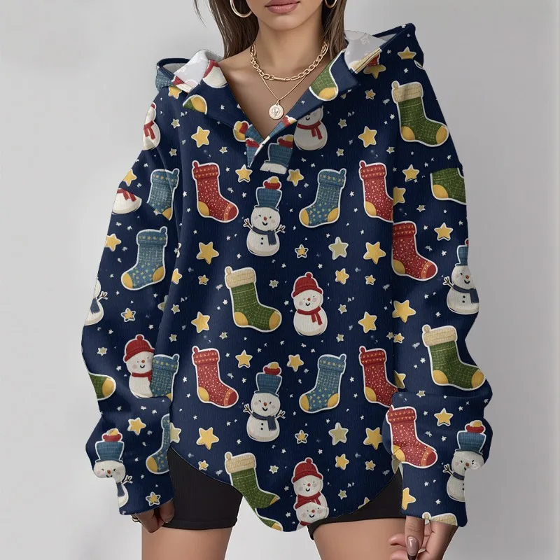 Casual Oversized Hoodie Women Snowflake Pattern Pullover with Turn-Down Collar Loose Fit Cozy Winter Sweatshirt for Daily Street