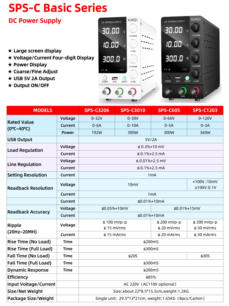 KUAIQU Adjustable Switching Power Supply 30v 10a,Laboratory Power Supply 32v 6a Voltage Regulator Current Stabilizer SPS-C3010