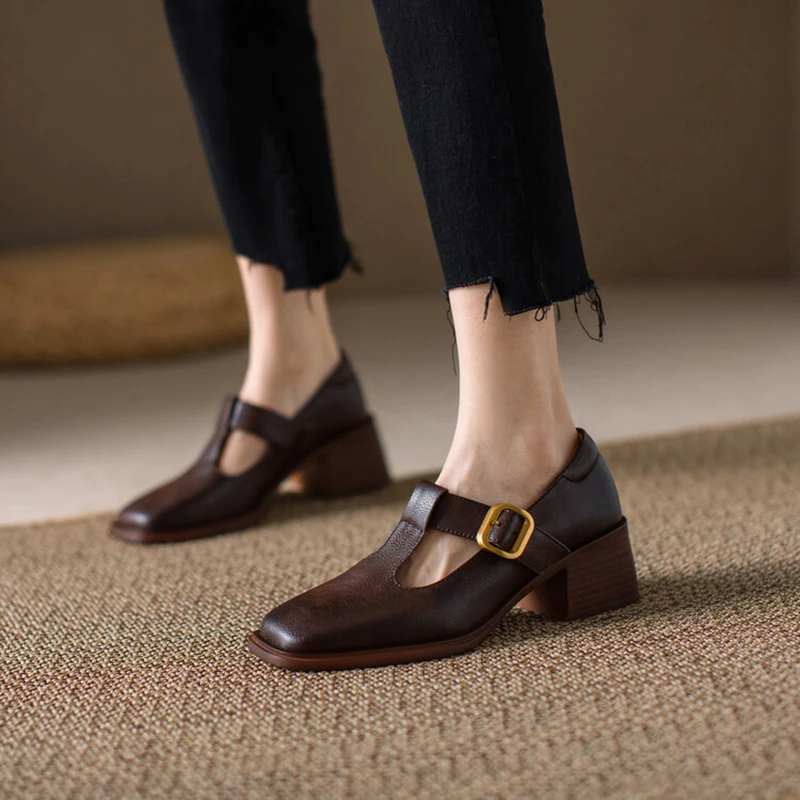 NEW Spring Women Pumps Genuine Leather Shoes for Women Square Toe Chunky Heel Shoes Retro Mid-heel Mary Janes Retro Brown Shoes