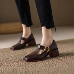 Escarpins carrés en cuir véritable pour femmes, chaussures Mary Janes, talon épais, rétro, mi-talon, marron, printemps, nouveau