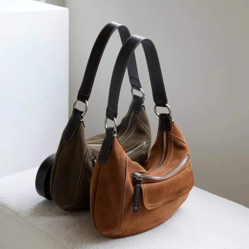 Suede Vintage Saddle Bag New Fashion Women's Bag Genuine Leather Casual Cowhide Senior Shoulder Crossbody bag