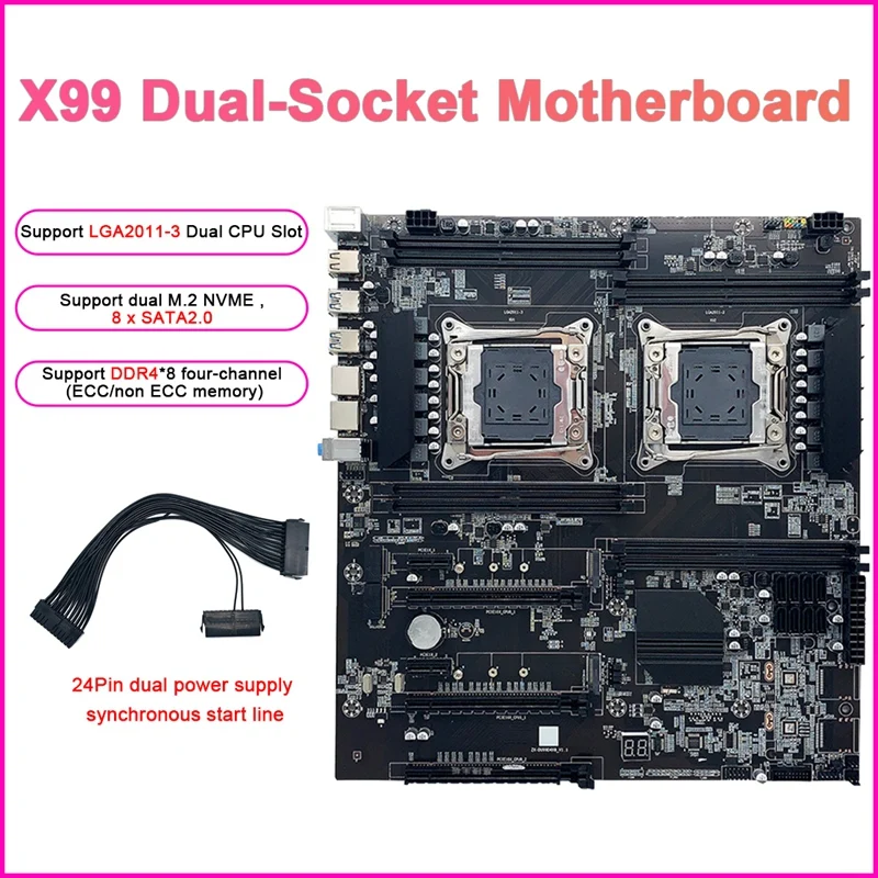 

NEW-X99 Dual-Socket Mining Motherboard With 24Pin Dual Power Start Cable LGA2011-3 Dual CPU DDR4 Memory Slots 8X SATA2.0