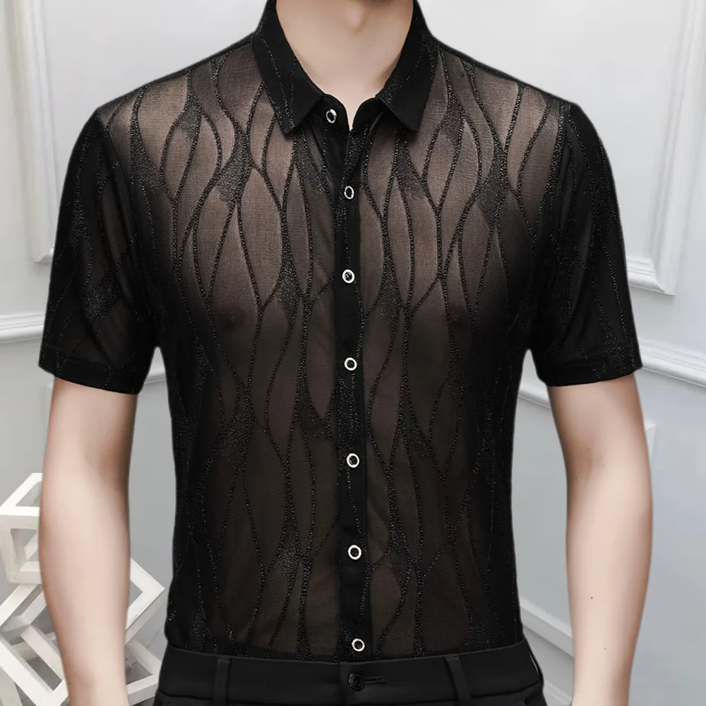 Striped Jacquard Sexy Lace Shirt For Male Embroidery Men Transparent Shirt See Through Mesh Shirt Club Party Prom Chemise Homme