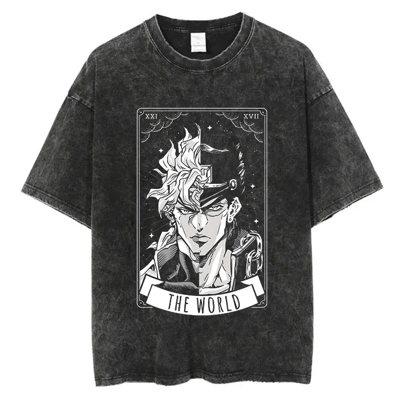 Vintage Washed TShirt Men Summer Hip Hop Streetwear T-shirt JoJo Bizarre Adventure Anime Print Cotton Casual Short Sleeve Tshirt