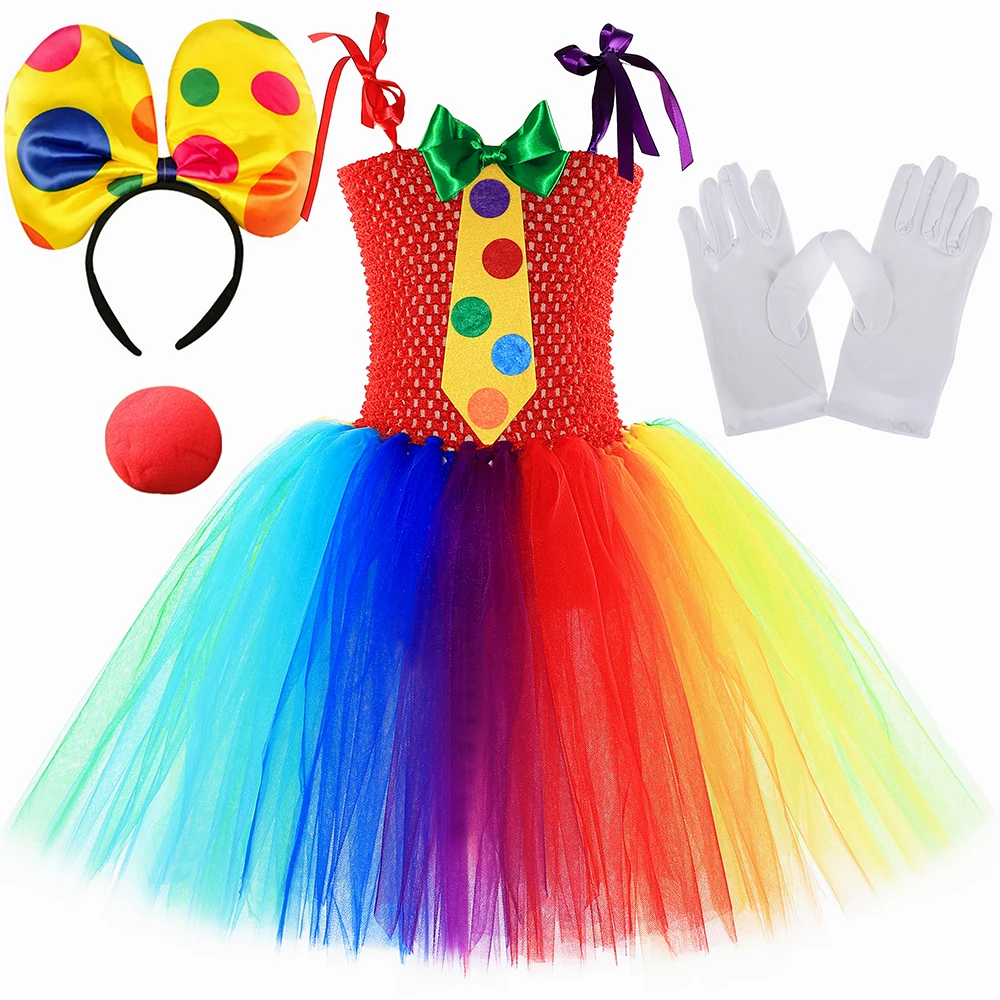 

Circus Clown Costume for Girls Carnival Festival Halloween Dress Up Outfit Kids Colorful Rainbow Funny Clown Tulle Tutu Dress