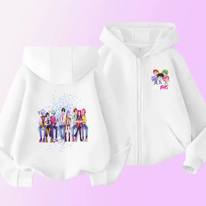 2026  Kids Zip Up Hoodie Jacket Cute Cartoon Character Group Print Boys Girls Long Sleeve Casual Hooded Sweatshirt Outerwear