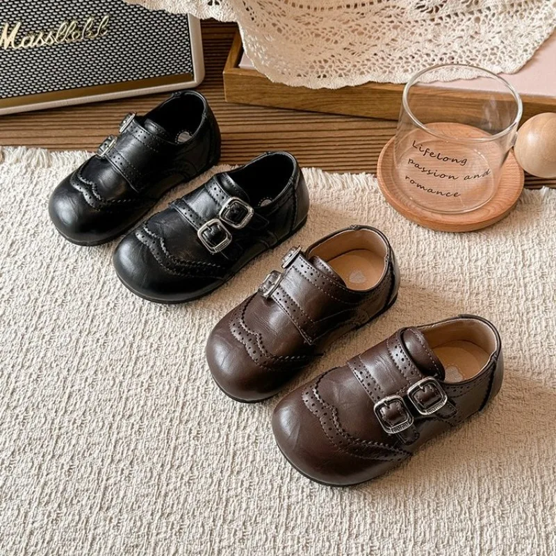 Leather Shoes for Girls 2026 New Autumn Toddler Dress Shoes with Double Buckle Simple Retro Kids Mary Jane Flats 23-34
