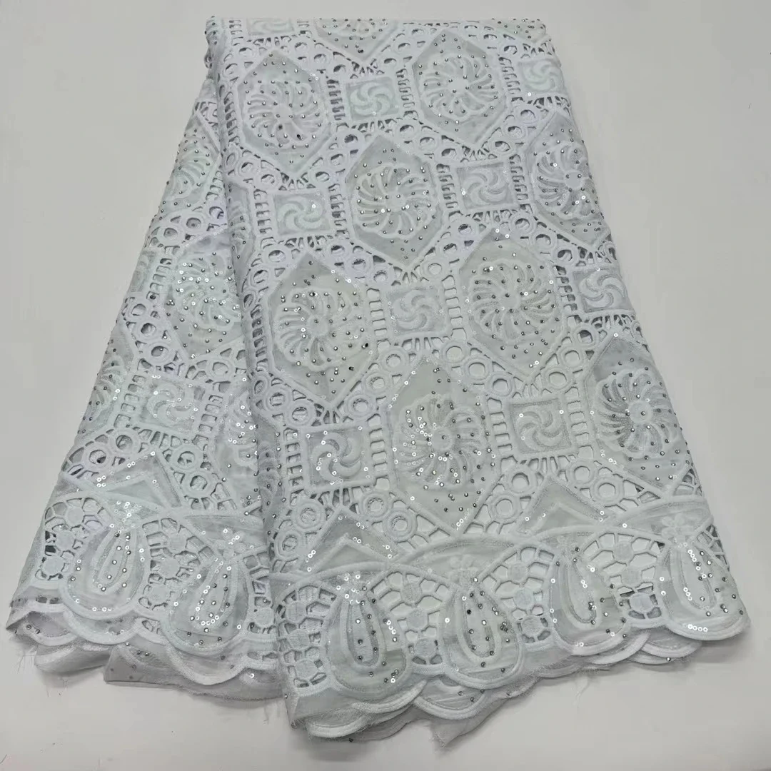 

2023 New Design White African Cord Lace Fabric Nigerian Milk Silk Sequins Guipure Tulle Lace Fabric For Women Party Dress PR2352