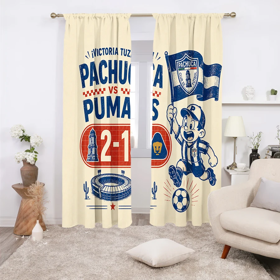 2PCS Curtains, Vintage Cartoon Pachuca Football Match Print with Soccer Player, Team Flag, Match Score, Stadium and Football Pat