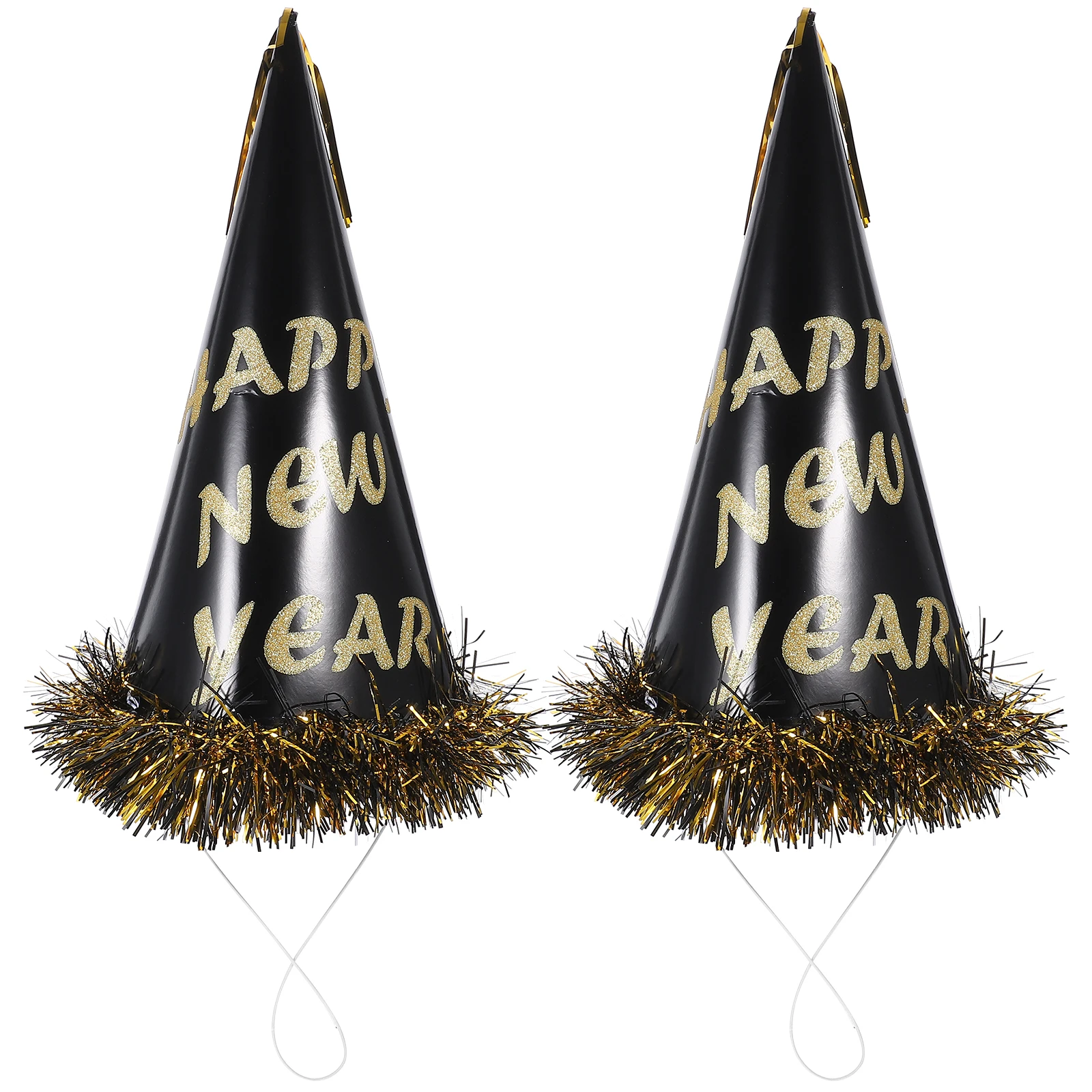 

2 Pcs New Year Party Hats Black Gold Tassel Paper 30x15cm Large Size Cone Caps Eve Supplies 2024 Decorations Adult Accessories
