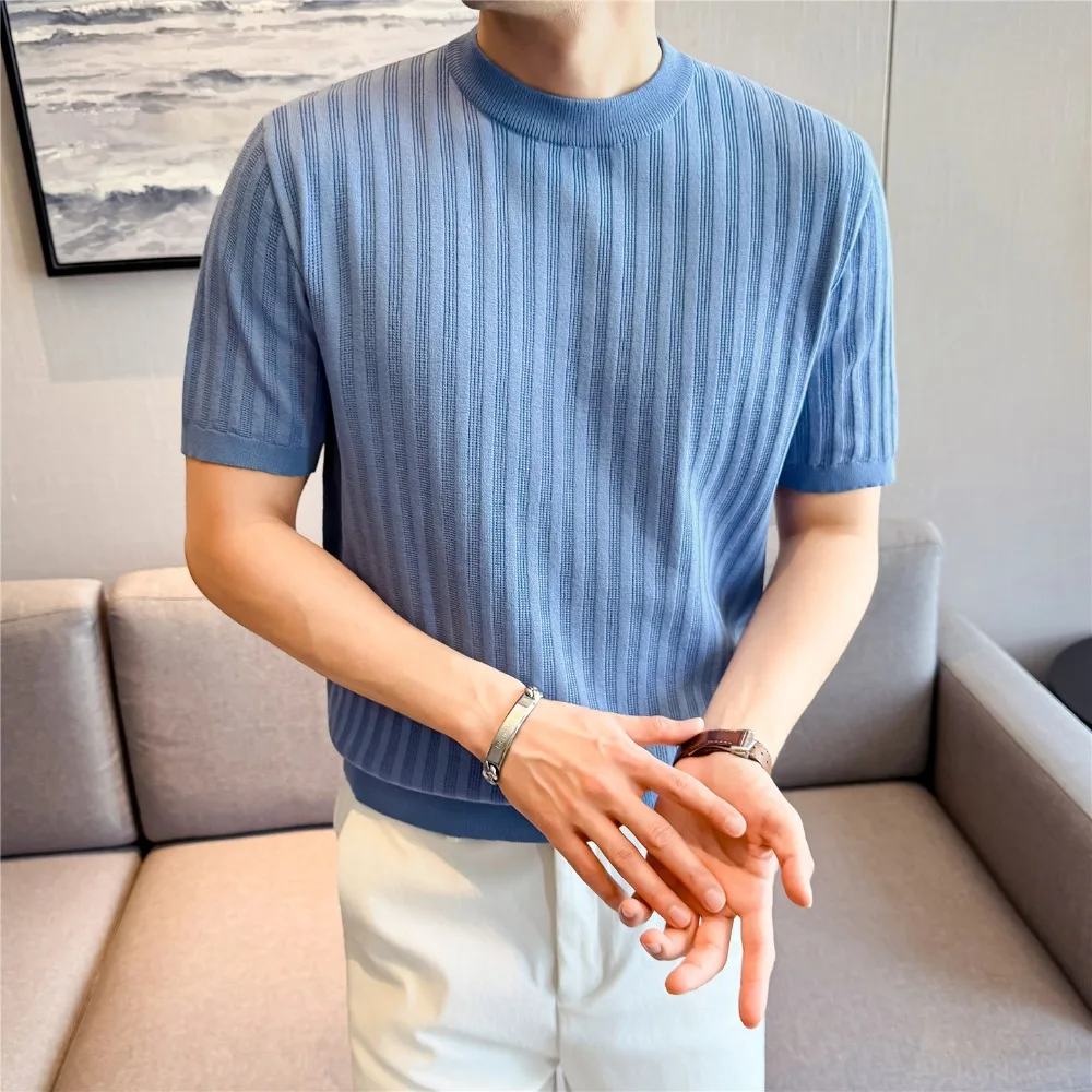 Men Slim Fit Knit Stripe T-Shirt – Hollow-Out Breathable Texture Round Neck Short Sleeve Top for Summer Light Thin Men Clothing