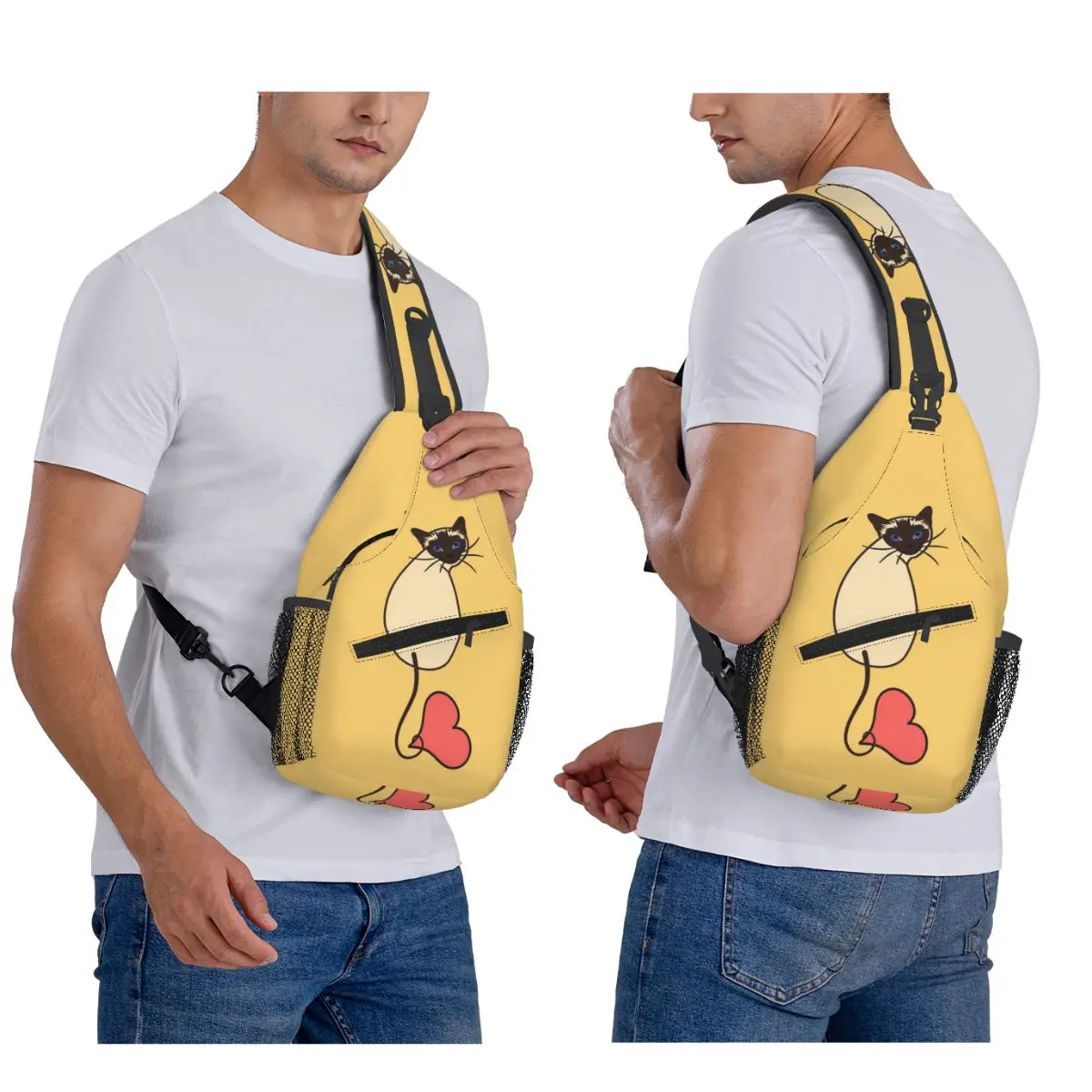 Love Siamese Cat-Yellow Chest Bag Men Sling Crossbody Backpack Chest Bag Travel Hiking Daypack Shoulder Bag