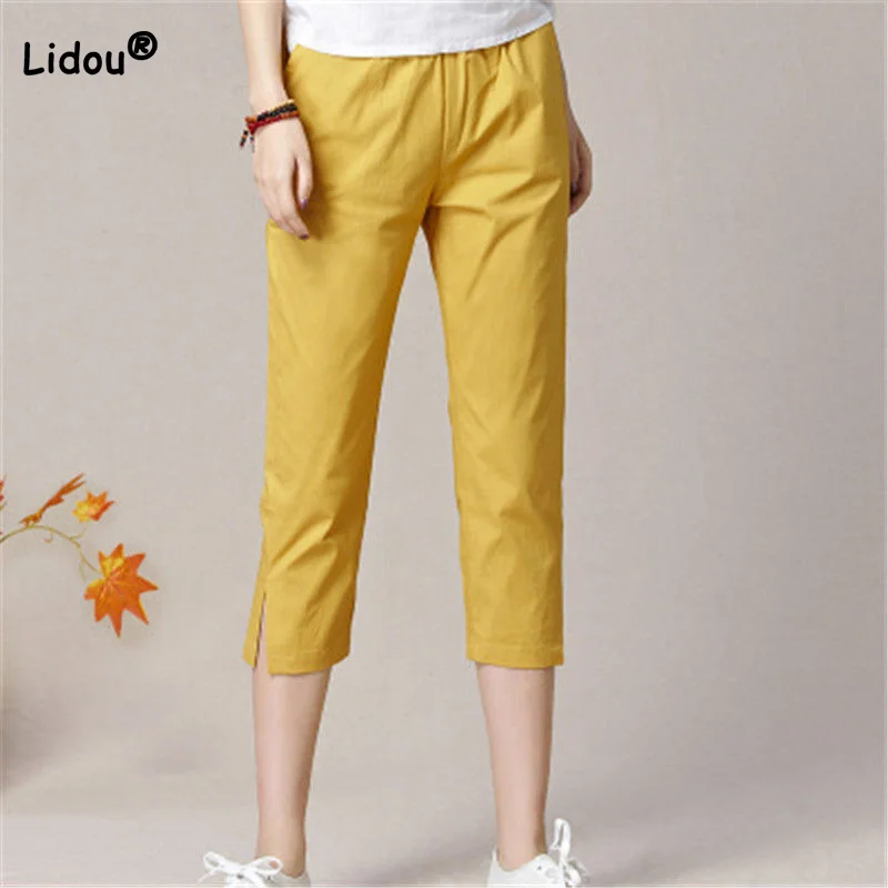 

Summer New Elastic High Waist Seven Points Trousers Korean Solid Color Pockets Loose Slit Womens Nine Points Pencil Pants