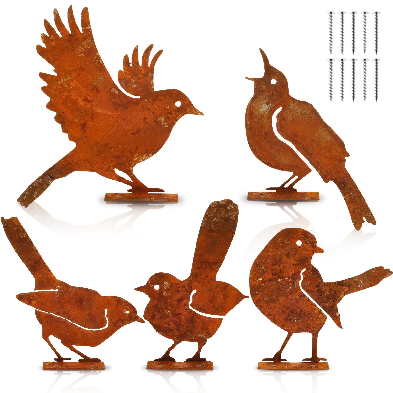 5 Statues Oiseaux Métal Rouillé – Décoration Jardin Extérieur Vintage, Différentes Poses (Décollage, Chant, Debout)