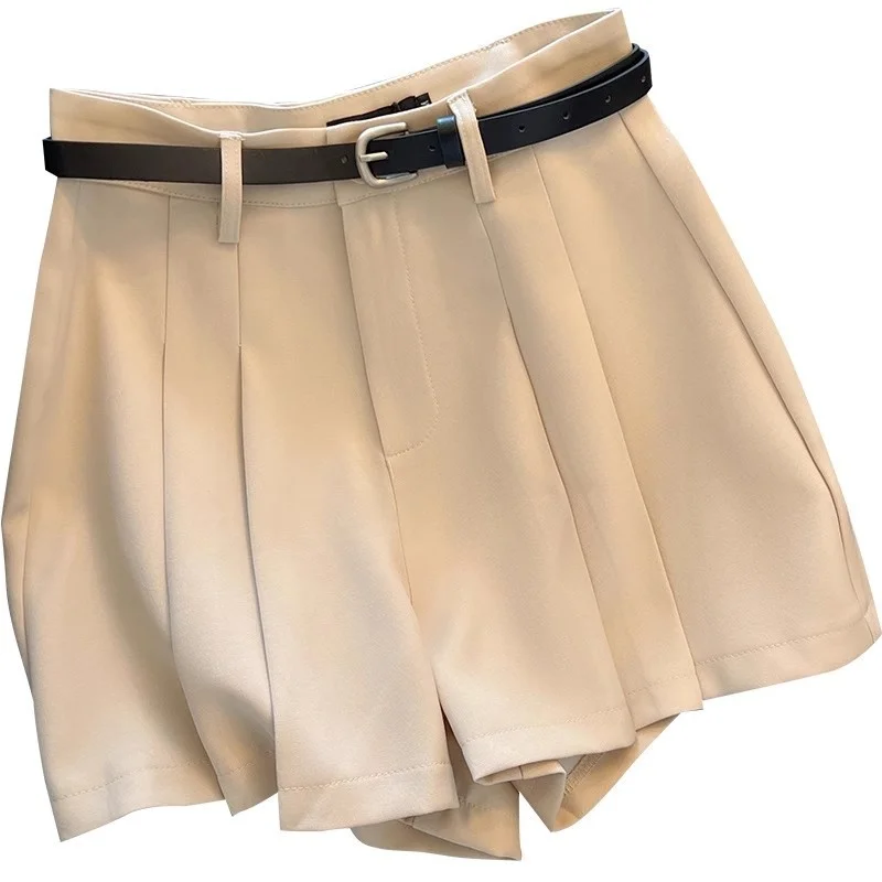 Temperament Black High Waisted Women's Shorts Summer Solid Color Pleated Wide Leg Shorts Casual Street Pocket Zippered Shorts
