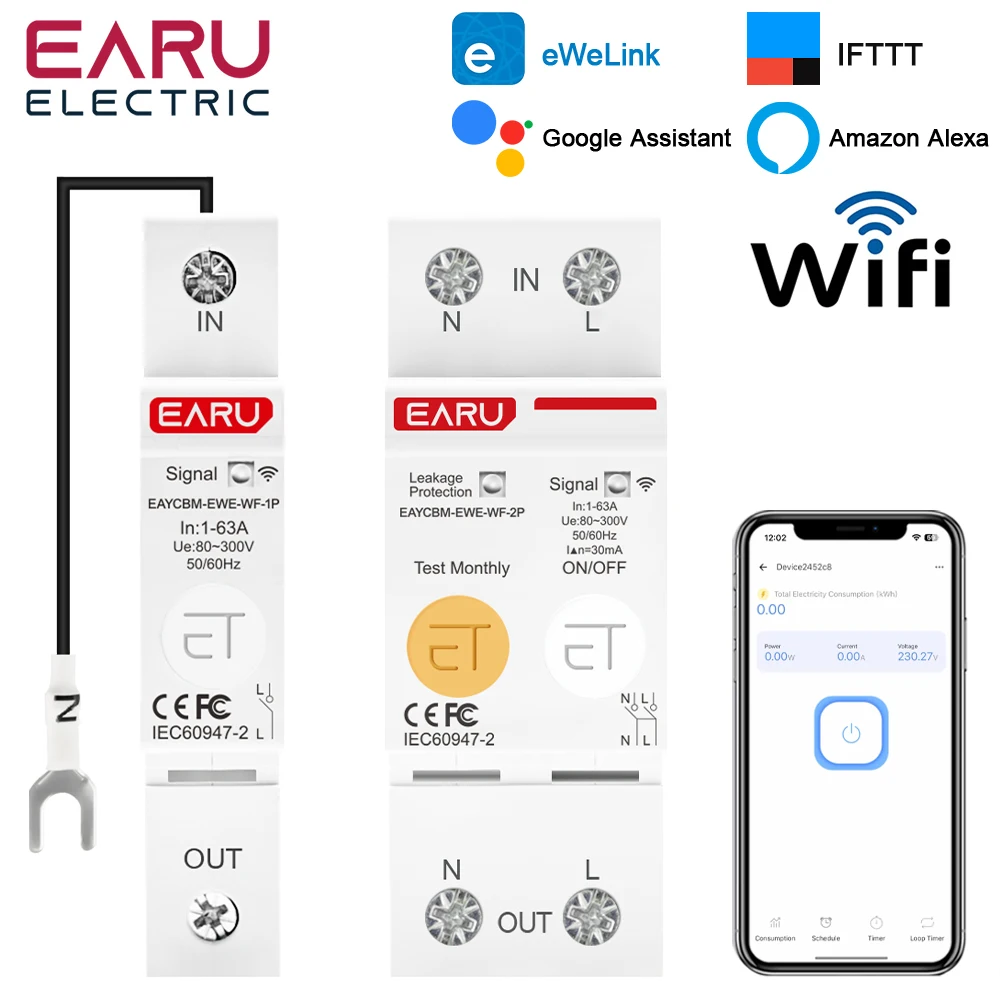 EARU EWeLink WiFi Smart MCB Circuit Breaker Current Voltage kWh Energy Meter Earth Leakage Protector Relay Switch Remote Control