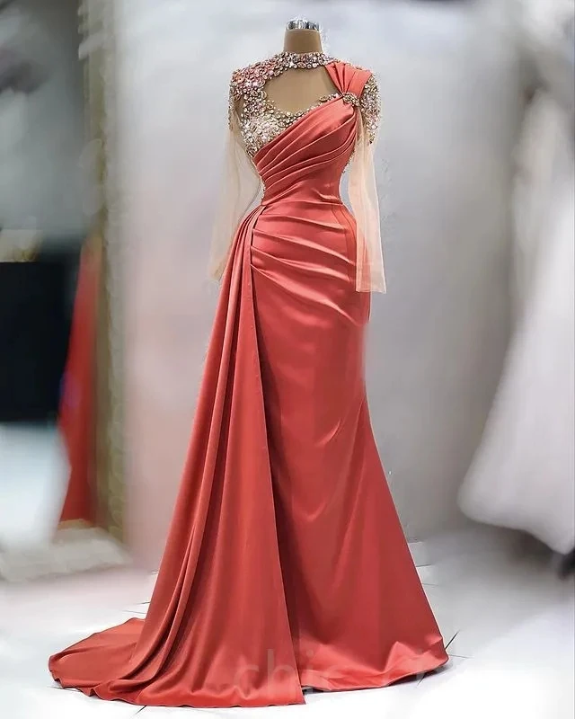 

African American Prom Dresses Mermaid Long Sleeves Satin Beaded Black Girls Nigeria Dubai Saudi Arabia Evening Dresses Gown
