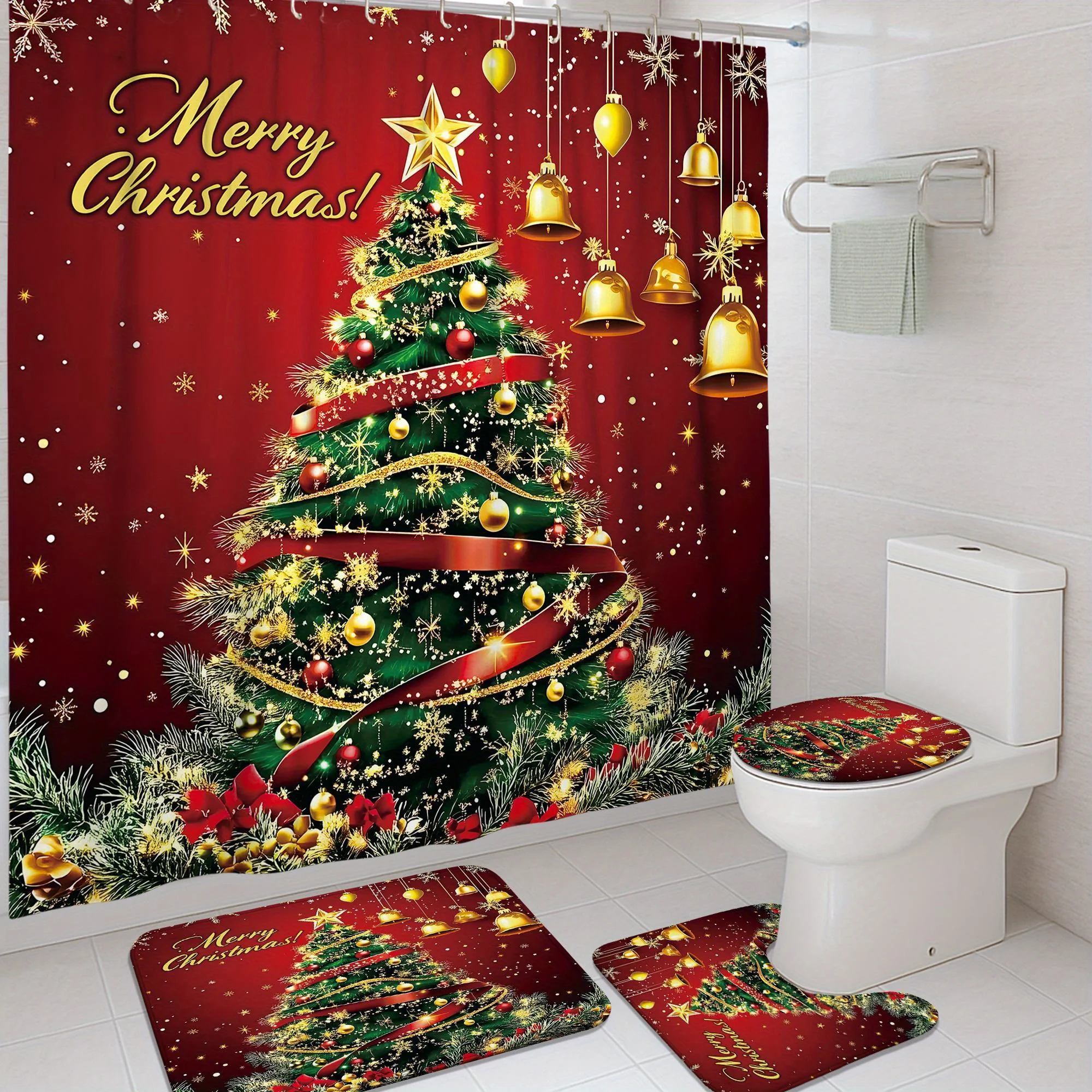 4Pcs Xmas Bath Set, Tree Bell Snowflake Design, Red Green Curtain, Holiday Decor, 12 Hooks, Non-Slip Mat & U-Shaped Toilet Cover