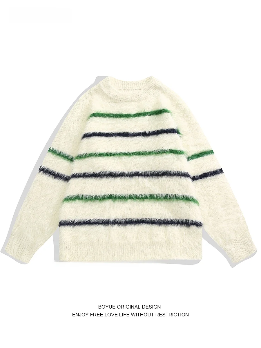 

Свитер Boyue из водного кролика в полоску, повседневный, мягкий, вязаный, зимний, модный, с круглым вырезом, свободного кроя, молодежный