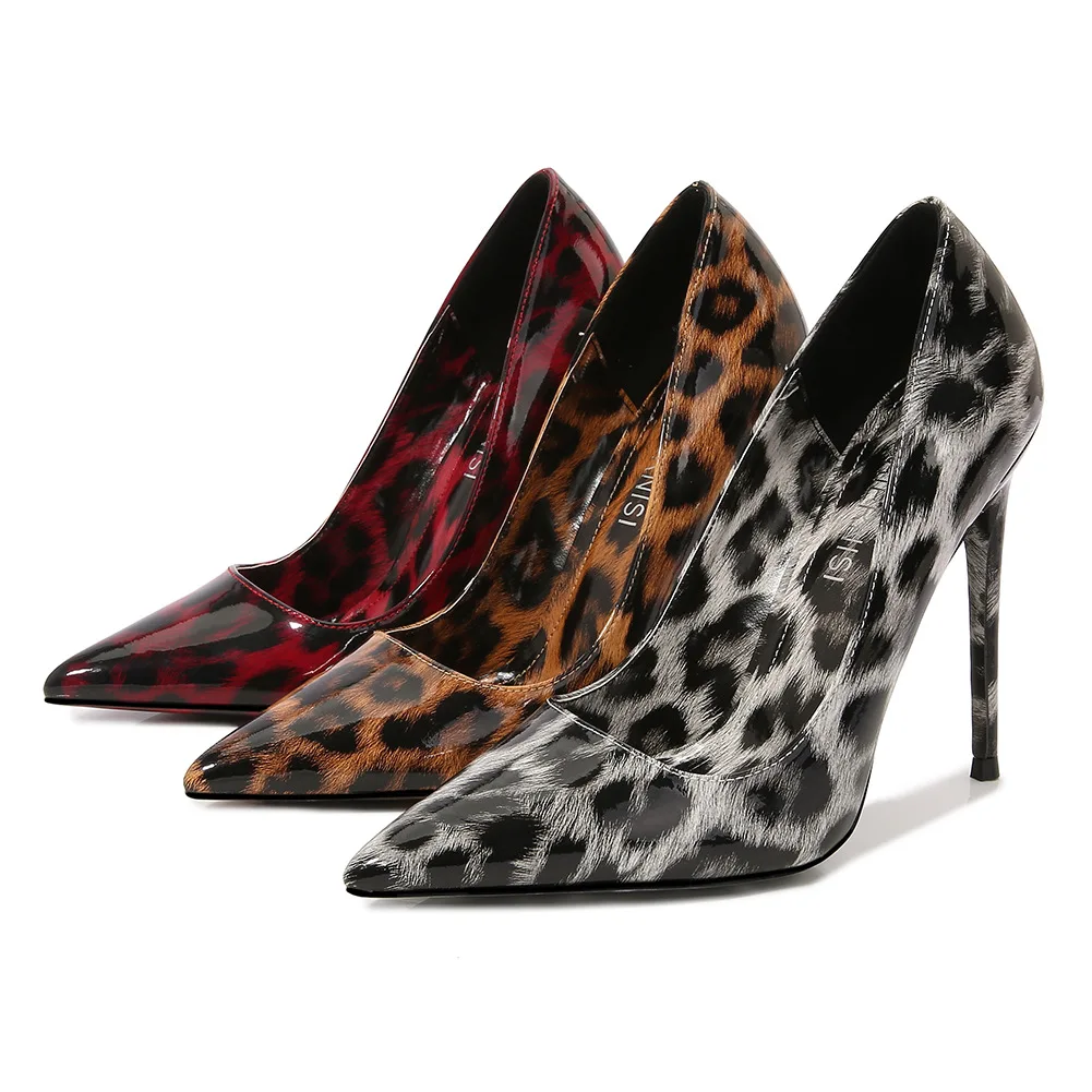 2023 New Sexy Pointed Toe Leopard Print Pumps Thin High Heel 12cm Gladiator Party Dress Shoes Brown Heels Women Large Size 35-46