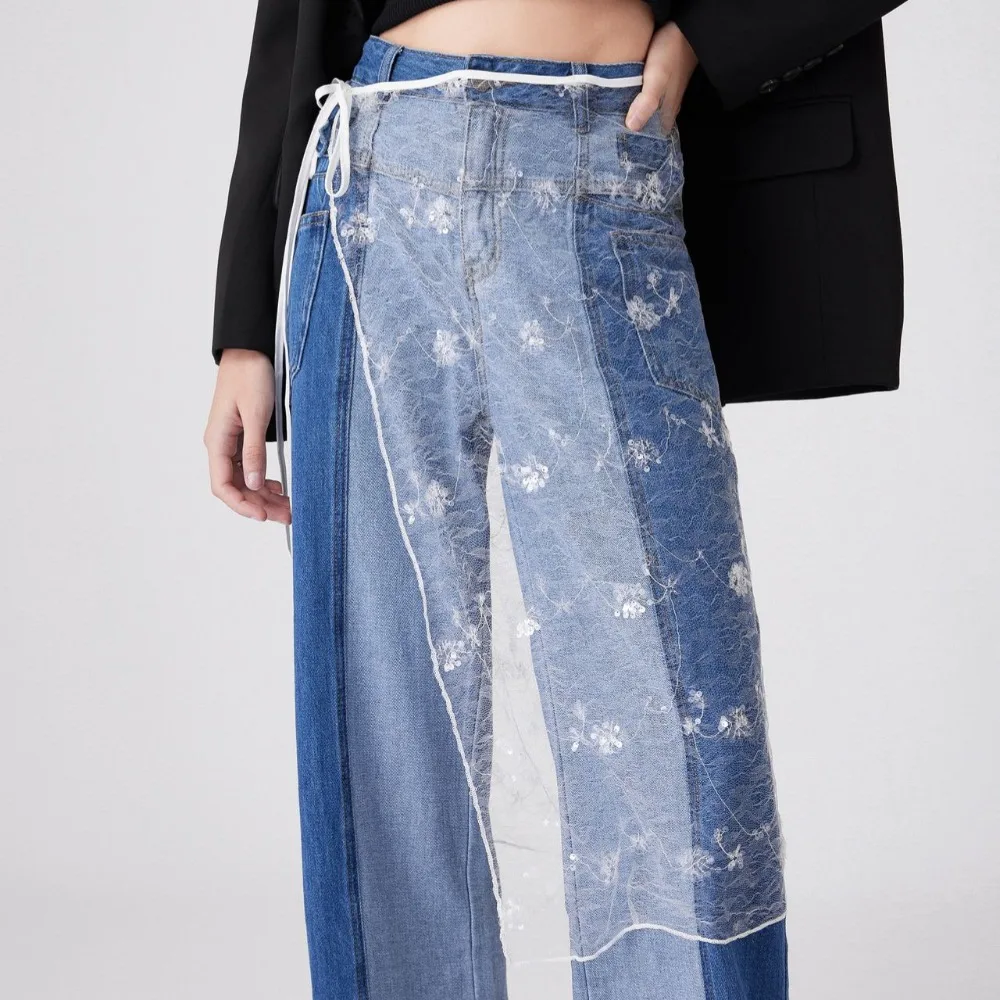 

Кружевная юбка миди с высокой талией, вышивкой цветов, асимметричным боковым разрезом, на шнуровке, прозрачная, в стиле Харадзюку