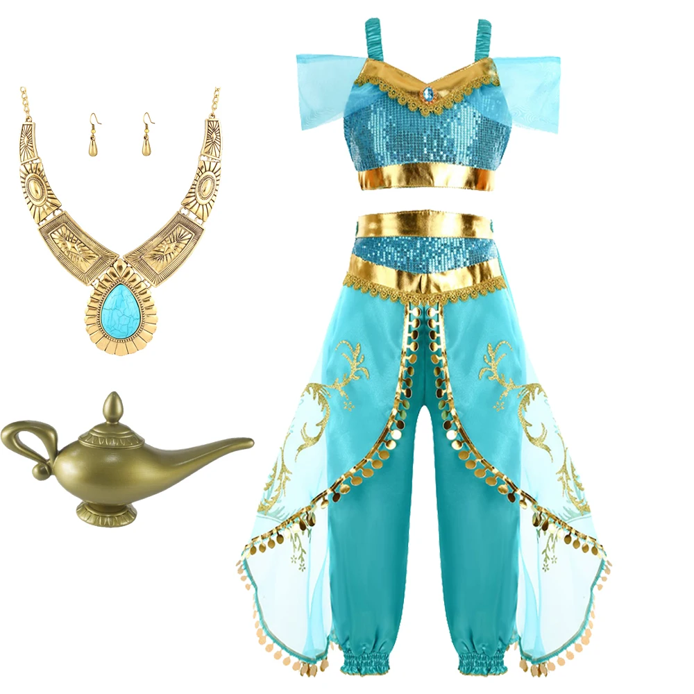 Blaues Arabisches Prinzessinnen-Verkleidungsset mit Halskette, Ohrringen und Kopfschmuck für Kinder, Halloween, Karneval, Cosplay-Kostüm – Detail 9