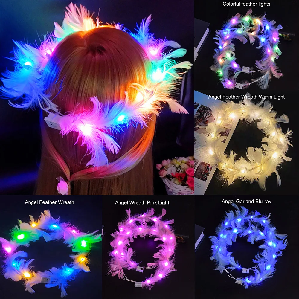 1pc Glow Headband Sparkly Hair Hoop Headpiece Head LED Light Feather Wreath Angel Garland for Wedding Birthday Party