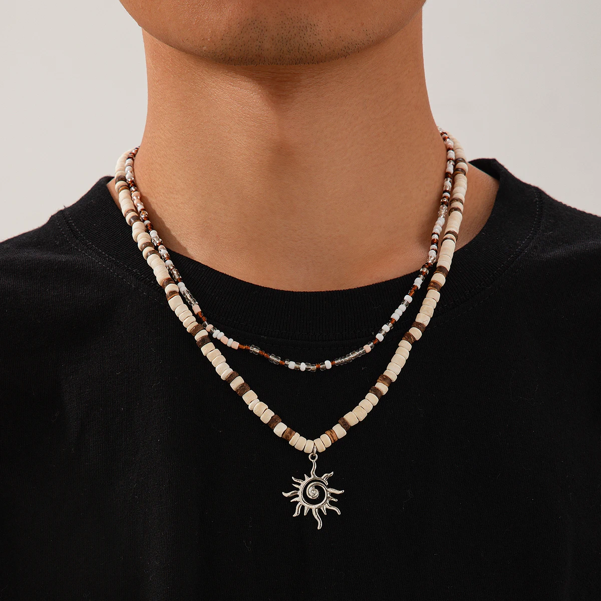 IngeSight.Z 2pcs/set Classic Coconut Husk Rice Beads Choker Necklace Man Vintage Sun Flower Pendant Necklace Male Jewelry Gift