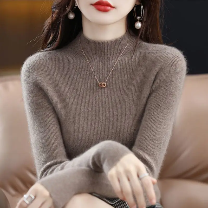 Women Basic Pullover Sweater Autumn Winter 100% Merino Wool MocK Neck Slim Knitwear Office Lady Grace Clothing Korean Style Tops