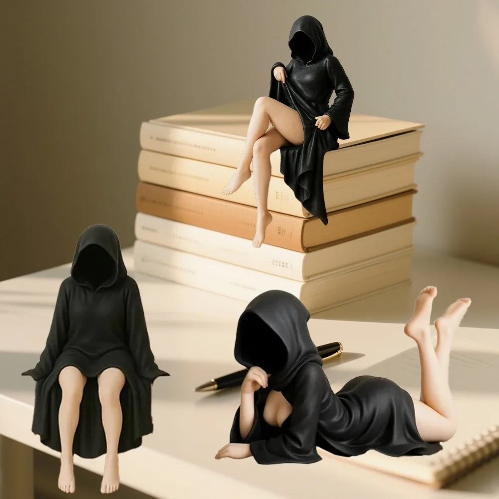Statue mystérieuse gothique noire 3d, 3 pièces, Robe reine, Sculpture d'étagère, Statues assises effrayantes, ornements de bureau, cadeaux